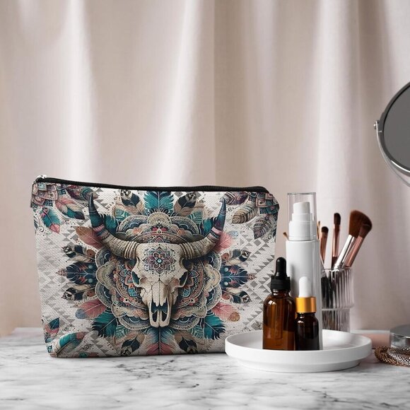 Boho Western Makeup Bag, Western Bull Skull Aztec Cosmetic Bag Toiletry Bag, Wes - Picture 3 of 5